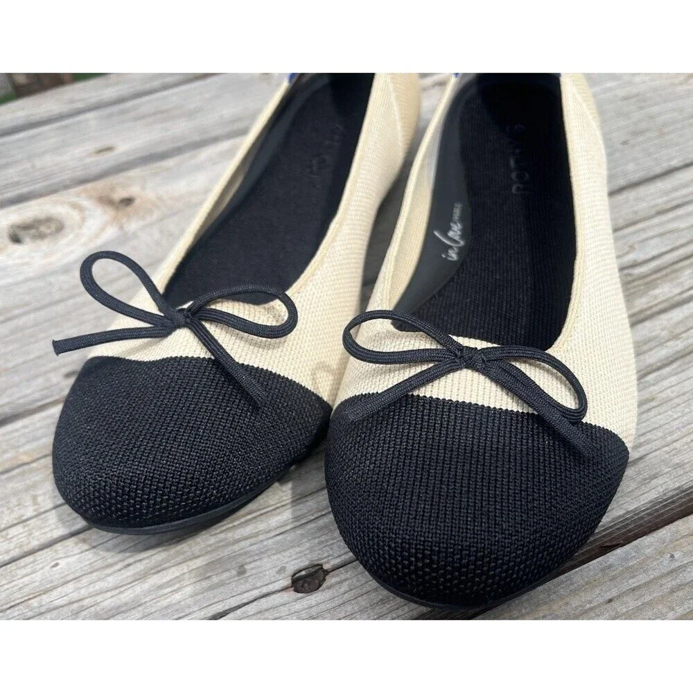 Rothy's The Ballet Flat Women's 10 Cream w/ Black Captoe Bow Accent